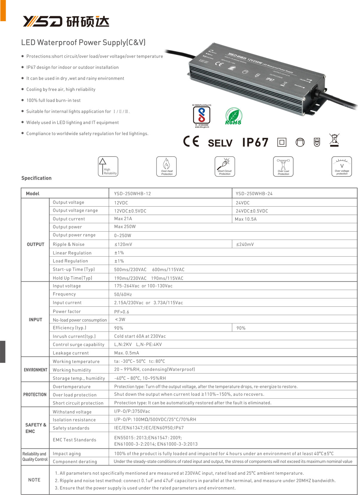 高PF 12V 24V 250w电源开关恒压IP67 LED防水电源5年质保规格01