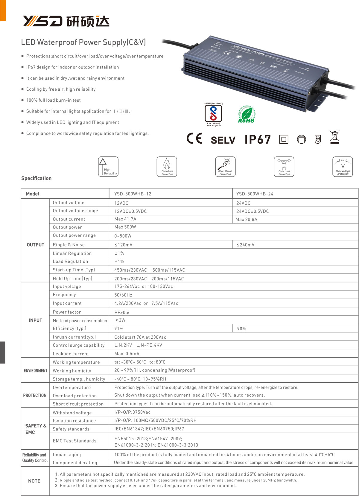 Factory rohs ce bis high power 12V 24V 500w ip67 ultra-thin led power supply led driver  specification 01