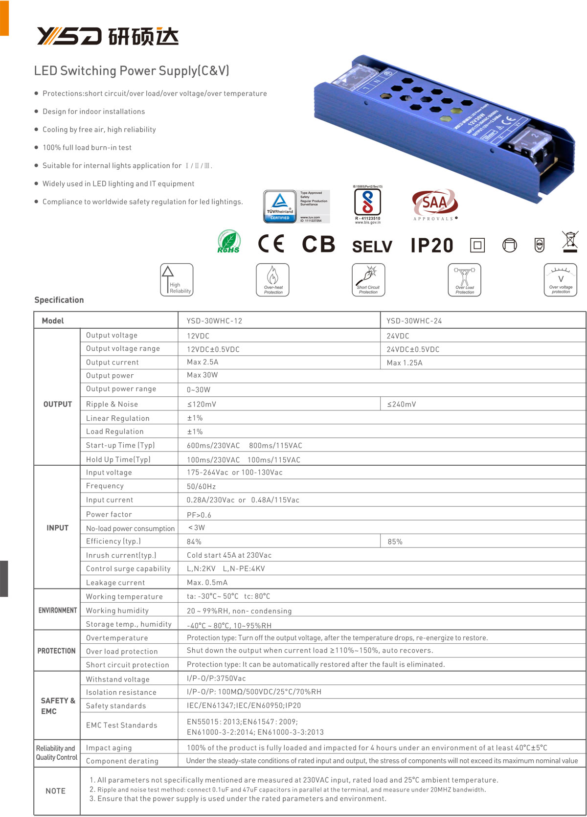 Small size LED Driver 12V 30W 2.5A 1.25A 0.62A BIS Constant Voltage LED Power Supply Indoor Switch Driver  specification  01