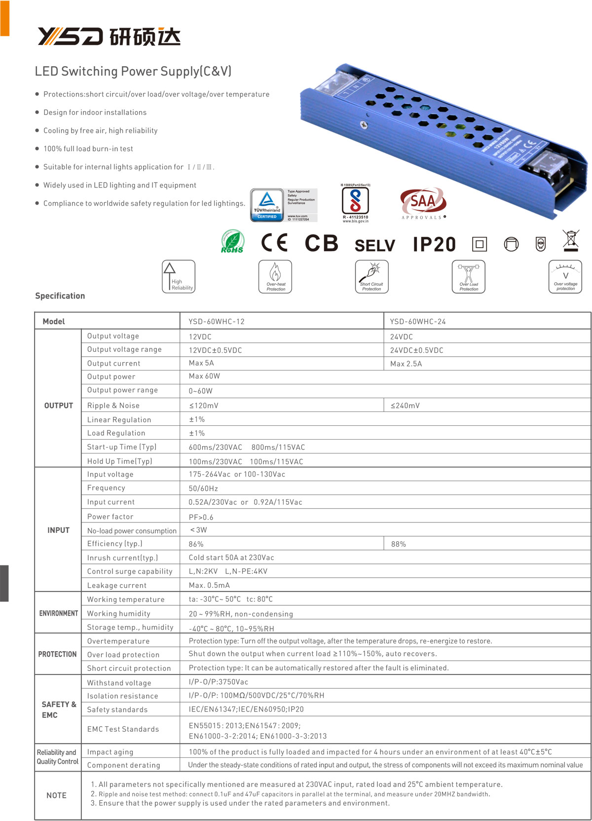 YSD factory price 12V 24V 48V 60W Indoor IP20 LED lighting strip indoor home led driver with certificates high quality good slim driver  specification 01