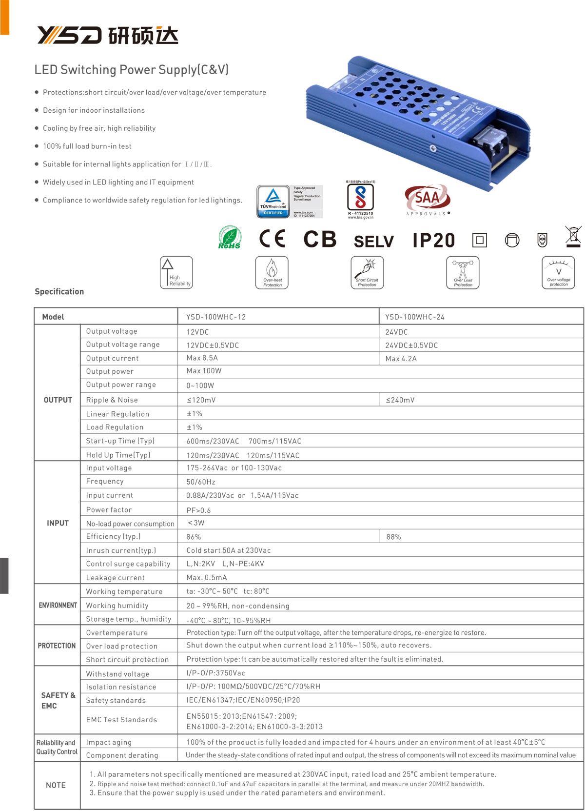 YSD factory price 12V 24V 48V 100W Indoor IP20 LED lighting strip indoor home led driver with certificates high quality good slim driver  specification 01