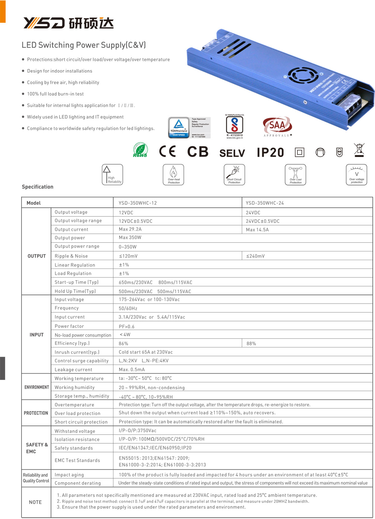 China new product 12v 24v 48v 350w 16.7a ip20 switching power supply led driver IP20 CE ROHS BIS  specification  01