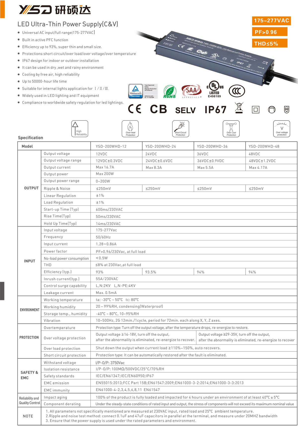 100-277V AC High PF 12V 24V 200w power supply switching constant voltage IP67 LED waterproof power supply 5 years warranty specification 01