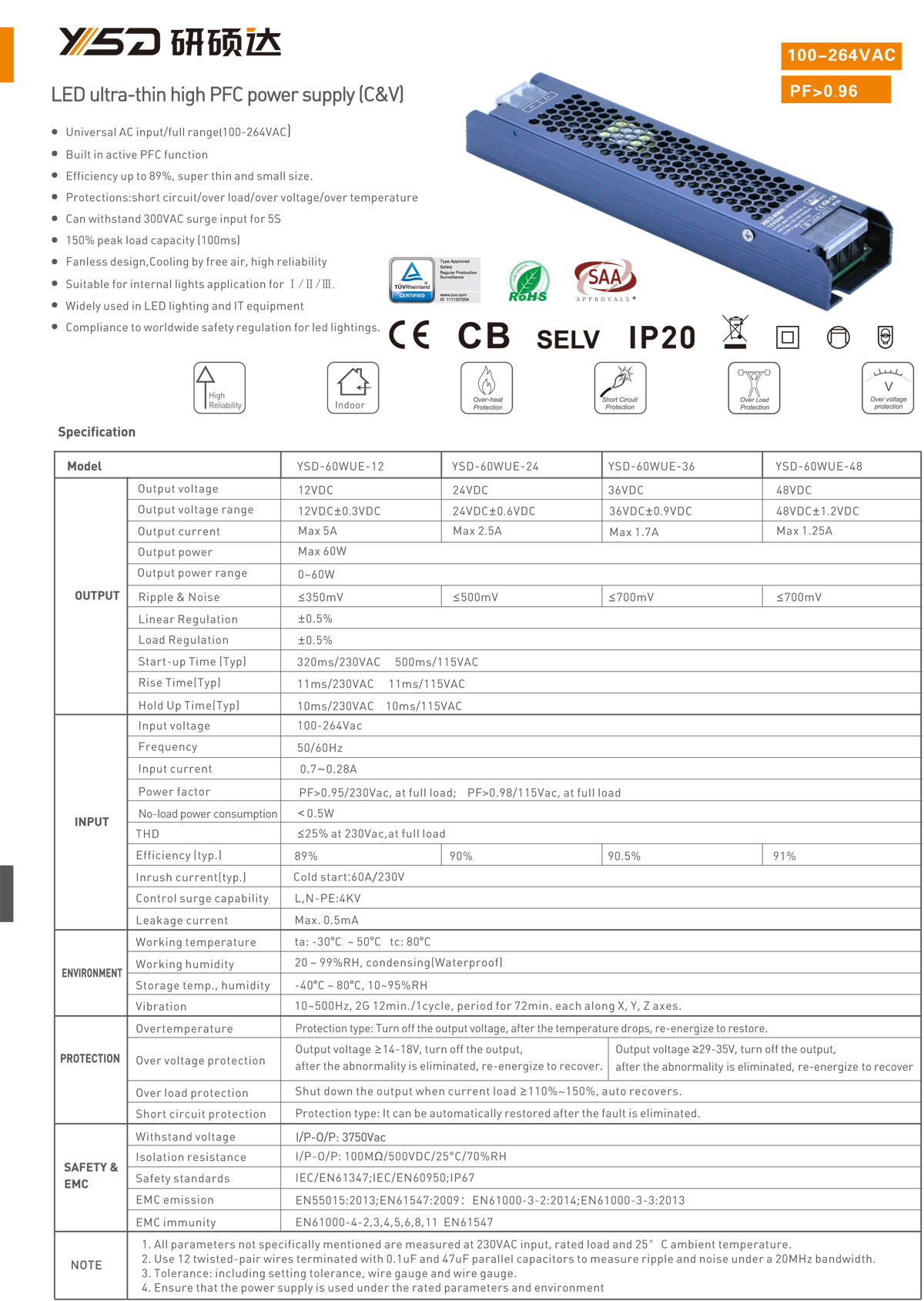 Shenzhen factory new High PF constant voltage LED driver 12v 60w EMC IP40 led driver CE RoHS CB TUV SAA for indoor specification 01