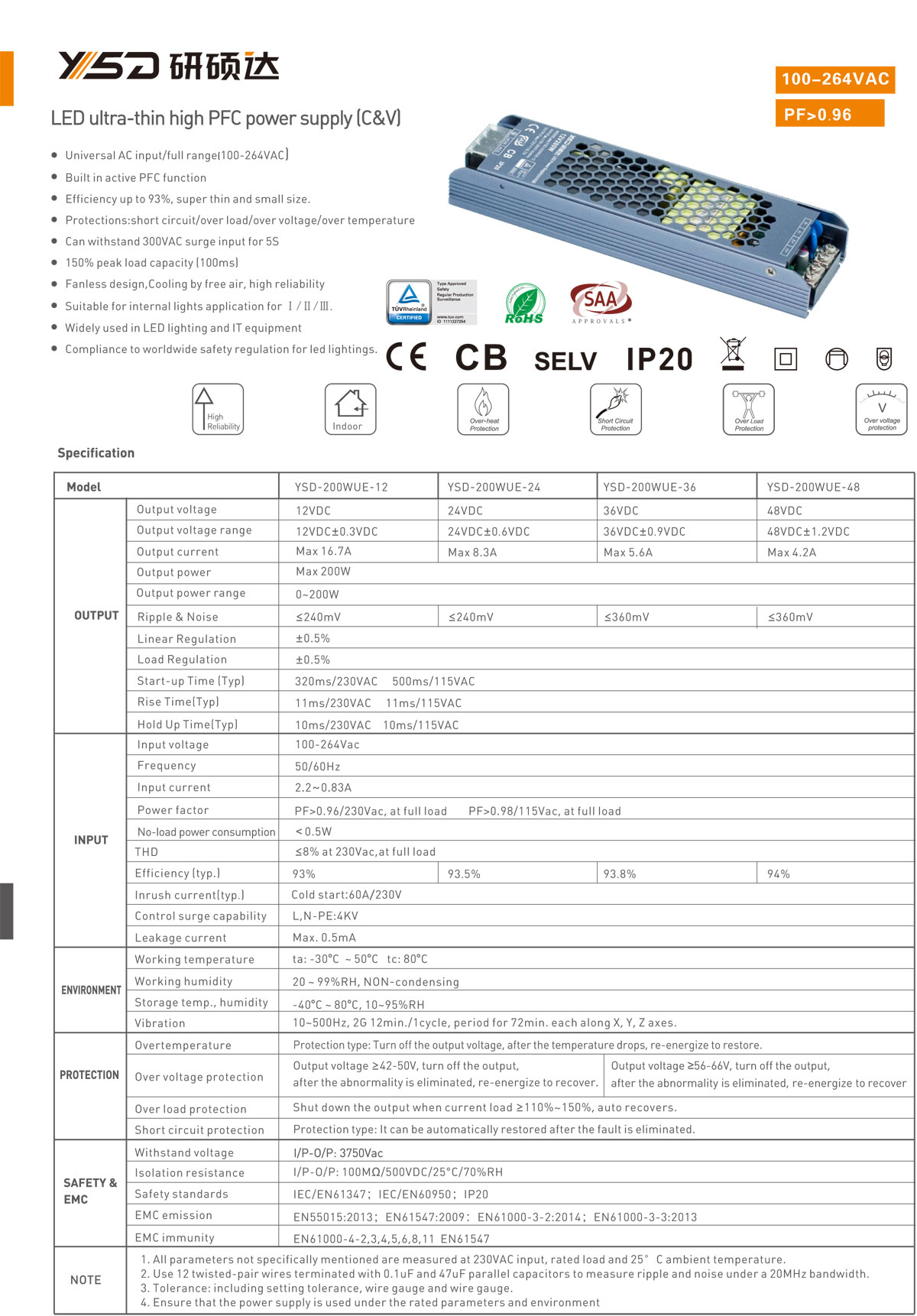 YSD Newest emc IP20 led driver no fan pf0.9 Switch power 12v 24v 200w led power supply specification 01