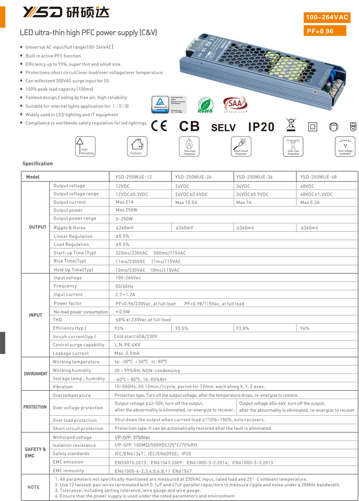 Shenzhen factory new High PF constant voltage LED driver 12v 250w IP40 24v led driver CE RoHS CB TUV SAA for indoor specification 01