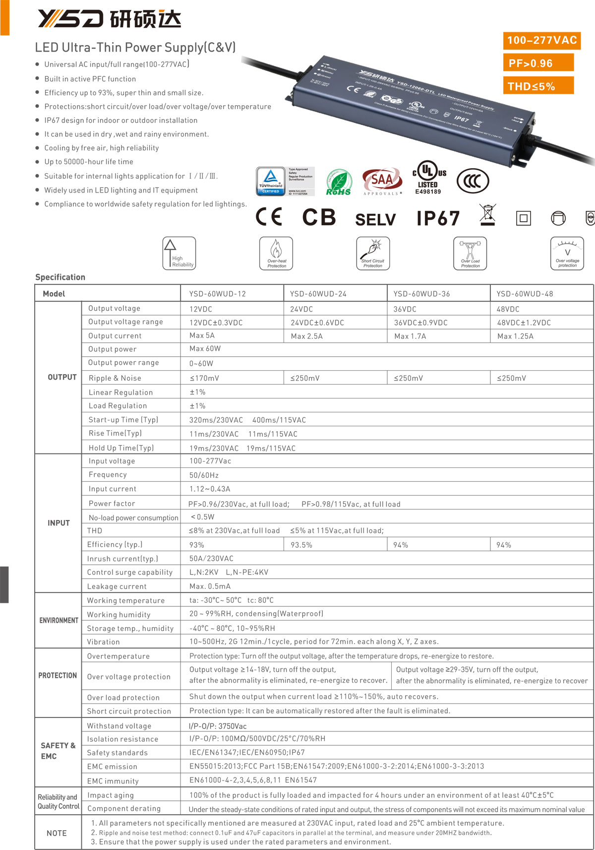 New product high quality LED waterproof power supply pf>0.95 slim LED driver EMI EMC 12v 24v 60w ip67 led driver for outdoor  specification  01